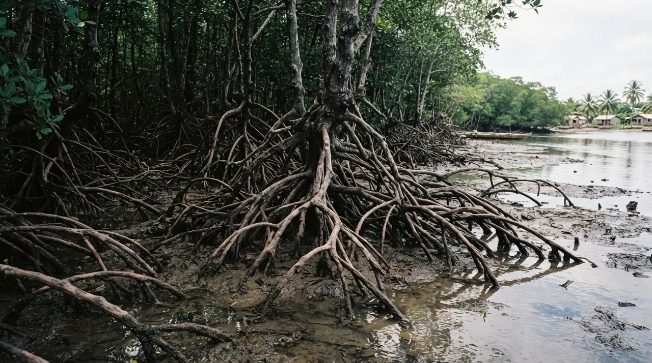 Floresta de mangal costeira com raízes expostas