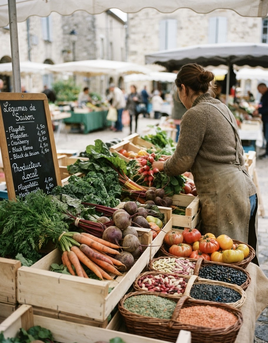 Étal de marché fermier proposant des légumes frais et des légumineuses colorées.