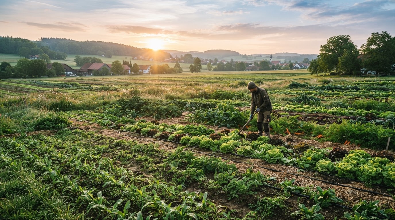 Bio-Gemüsefelder in Deutschland bei Sonnenaufgang