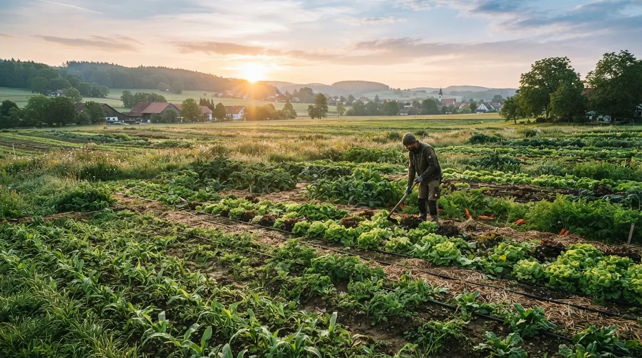 Bio-Gemüsefelder in Deutschland bei Sonnenaufgang