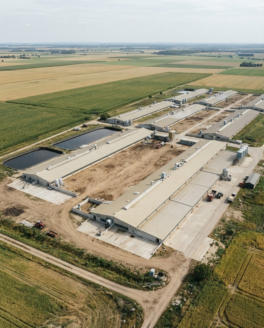 Industrielle Schweinehaltung beansprucht große Flächen für Ställe und Futtermittelanbau.