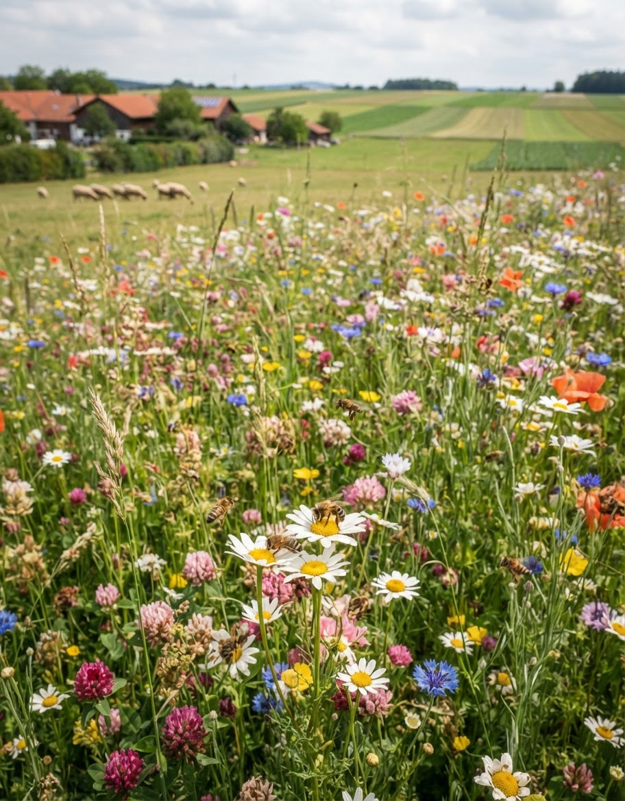 Blumenwiesen und vielfältige Anbausysteme fördern die Biodiversität in der Landwirtschaft.