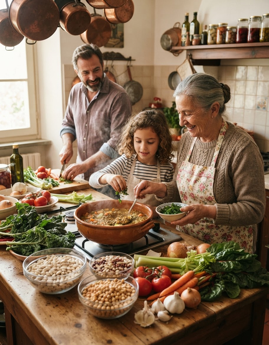 Una famiglia italiana tradizionale che cucina insieme legumi e verdure fresche in una cucina accogliente.