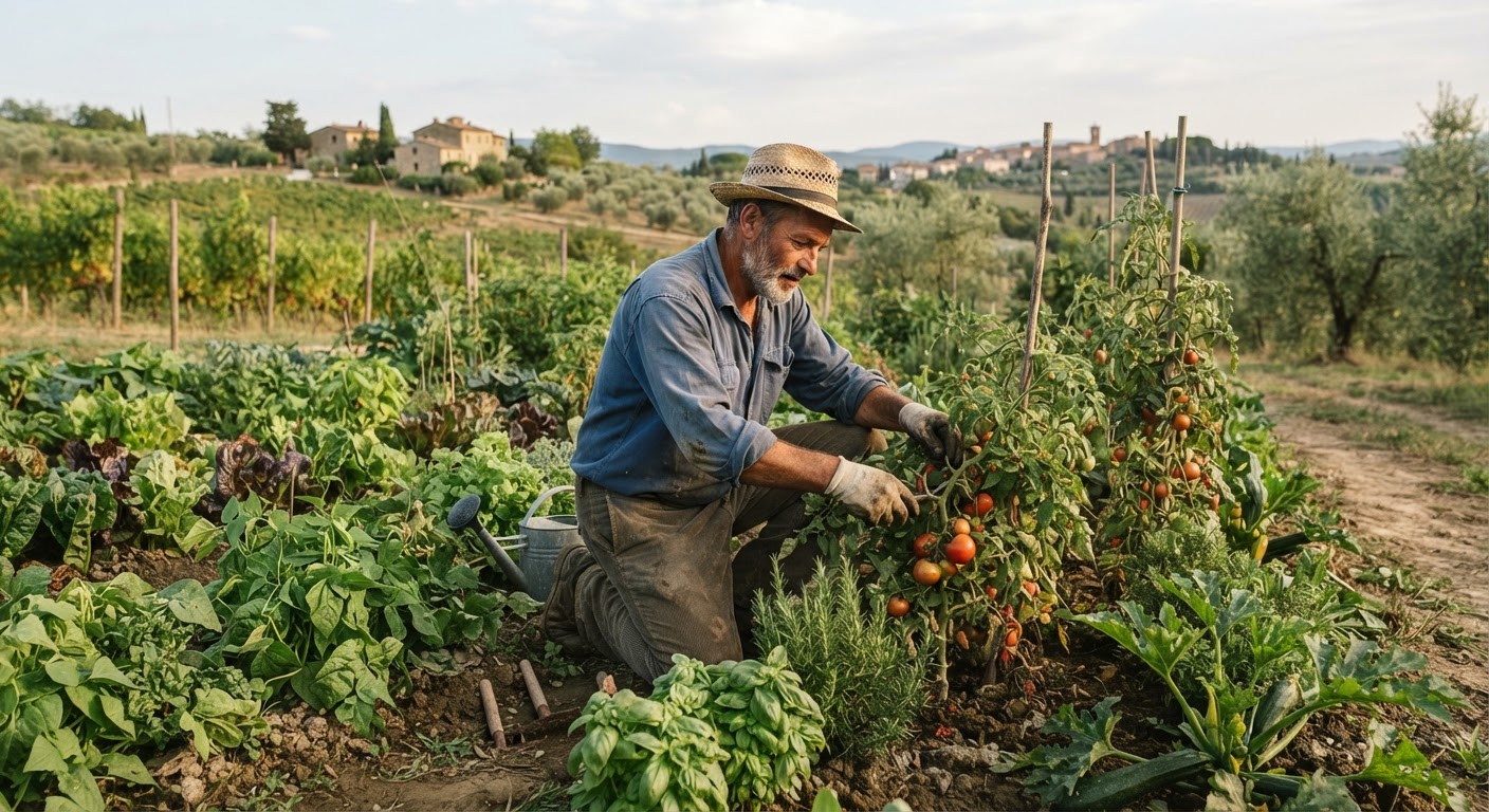 Un agricoltore italiano che cura un orto, simbolo della connessione con la terra e la produzione alimentare sostenibile.