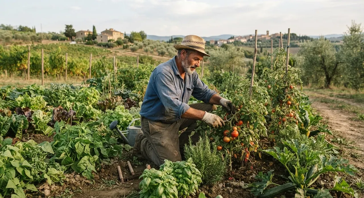 Un agricoltore italiano che cura un orto, simbolo della connessione con la terra e la produzione alimentare sostenibile.