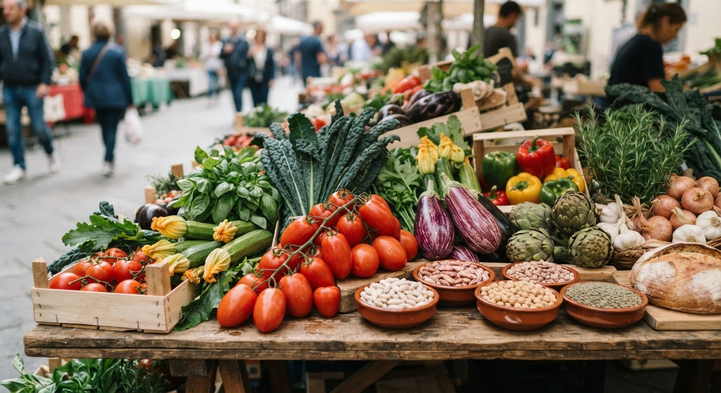 Una vibrante varietà di verdure e legumi italiani, ingredienti fondamentali per una dieta vegana gustosa e nutriente.