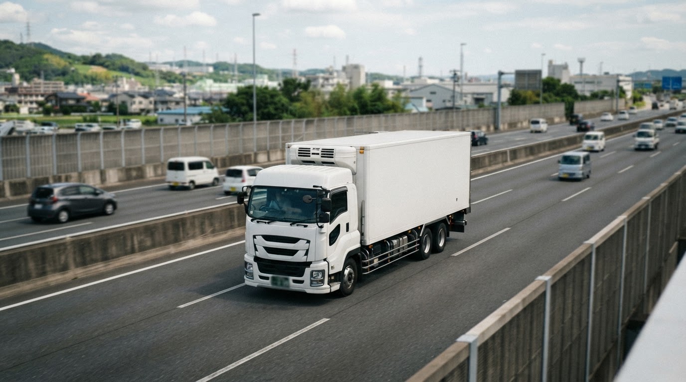 食品を運ぶ日本のトラックが高速道路を走行している様子