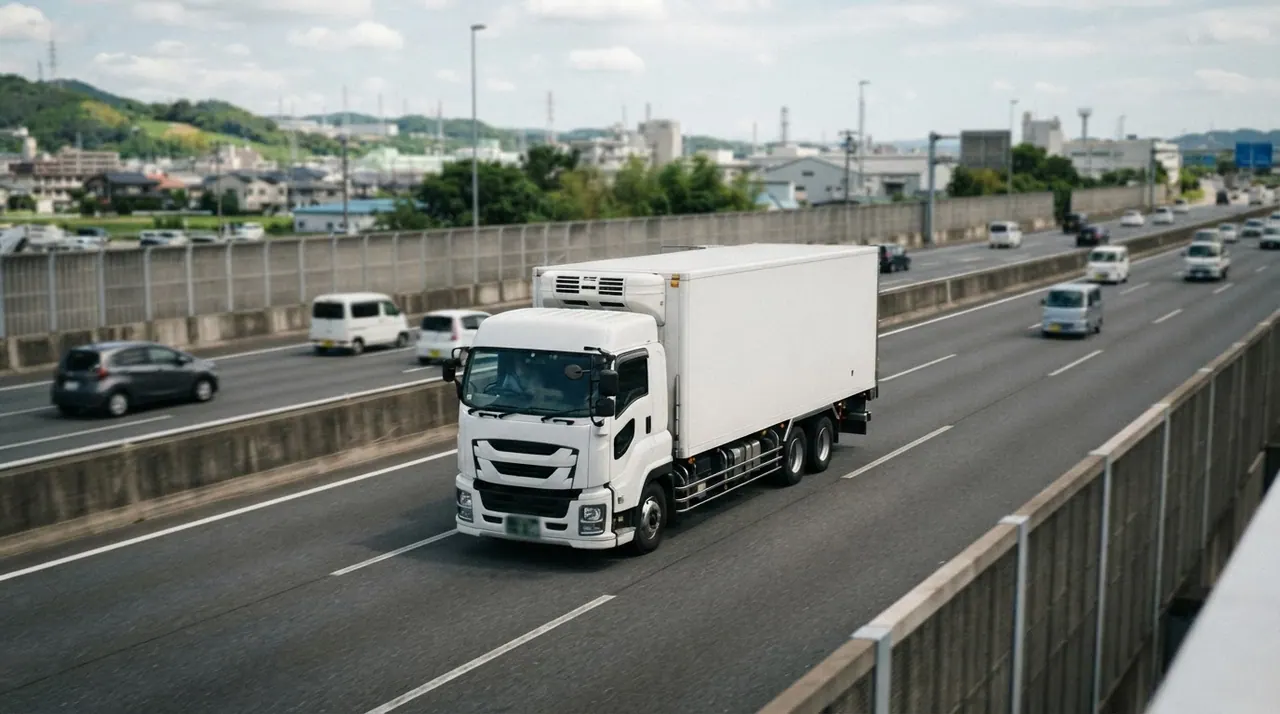 食品を運ぶ日本のトラックが高速道路を走行している様子