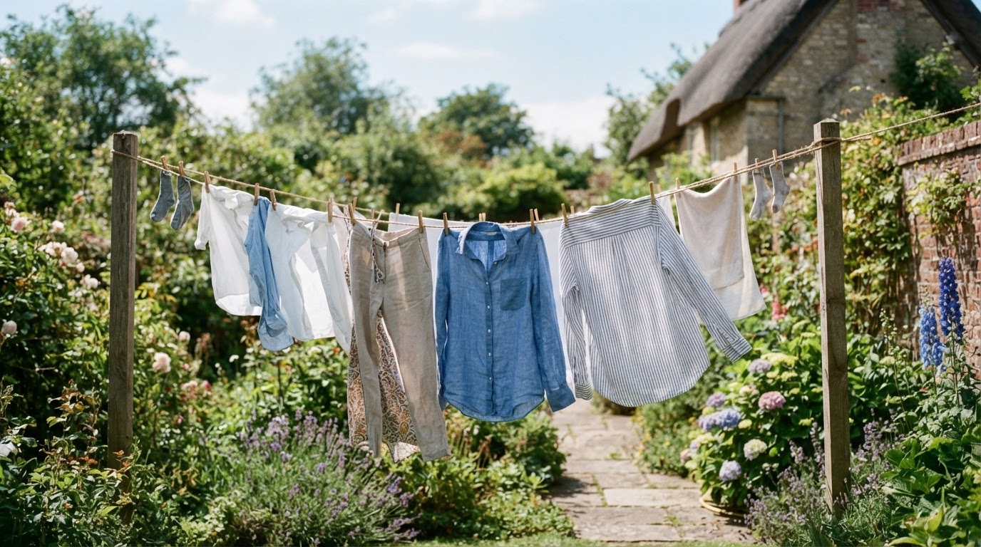 Laundry items, including shirts and trousers, gently swaying on a washing line in a sunny garden.