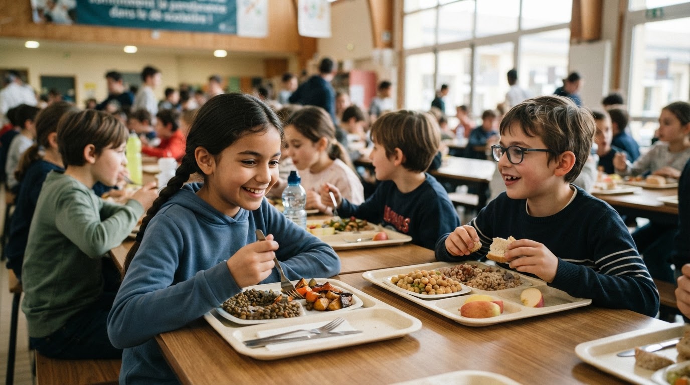 Des enfants mangeant au réfectoire scolaire