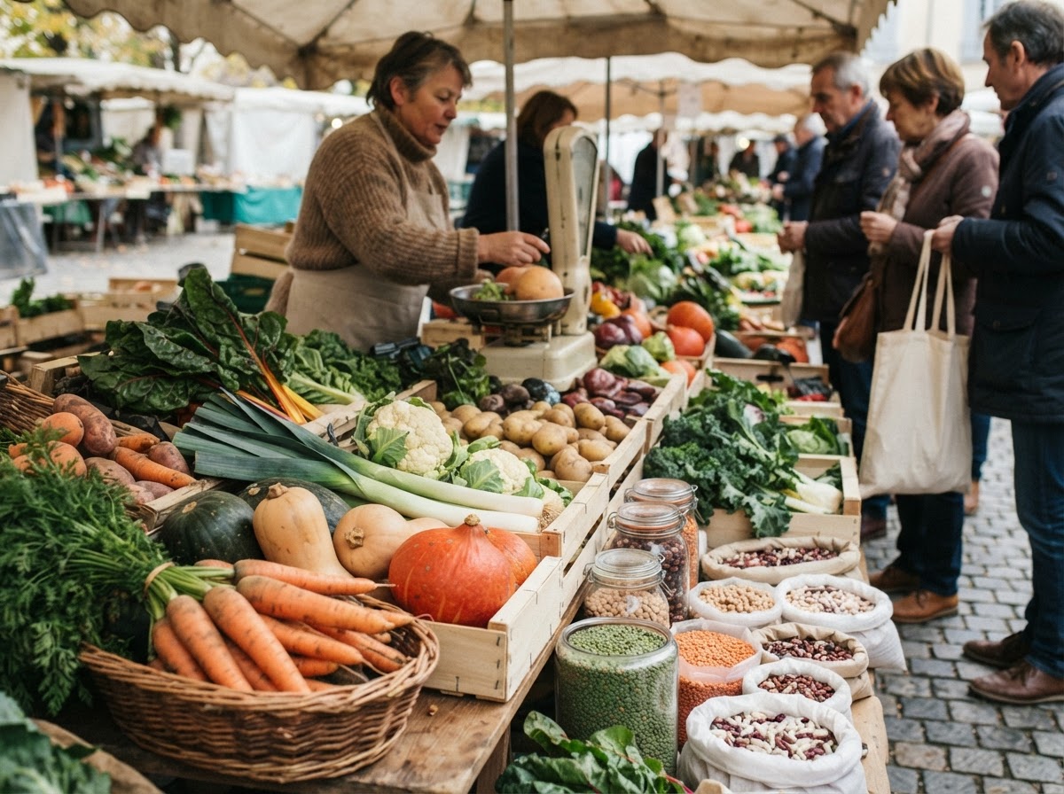 Un marché local proposant des légumes de saison et des légumineuses, essentiel pour l'approvisionnement des cantines scolaires.