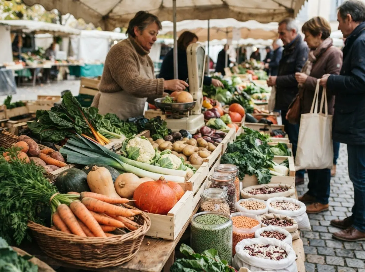 Un marché local proposant des légumes de saison et des légumineuses, essentiel pour l'approvisionnement des cantines scolaires.