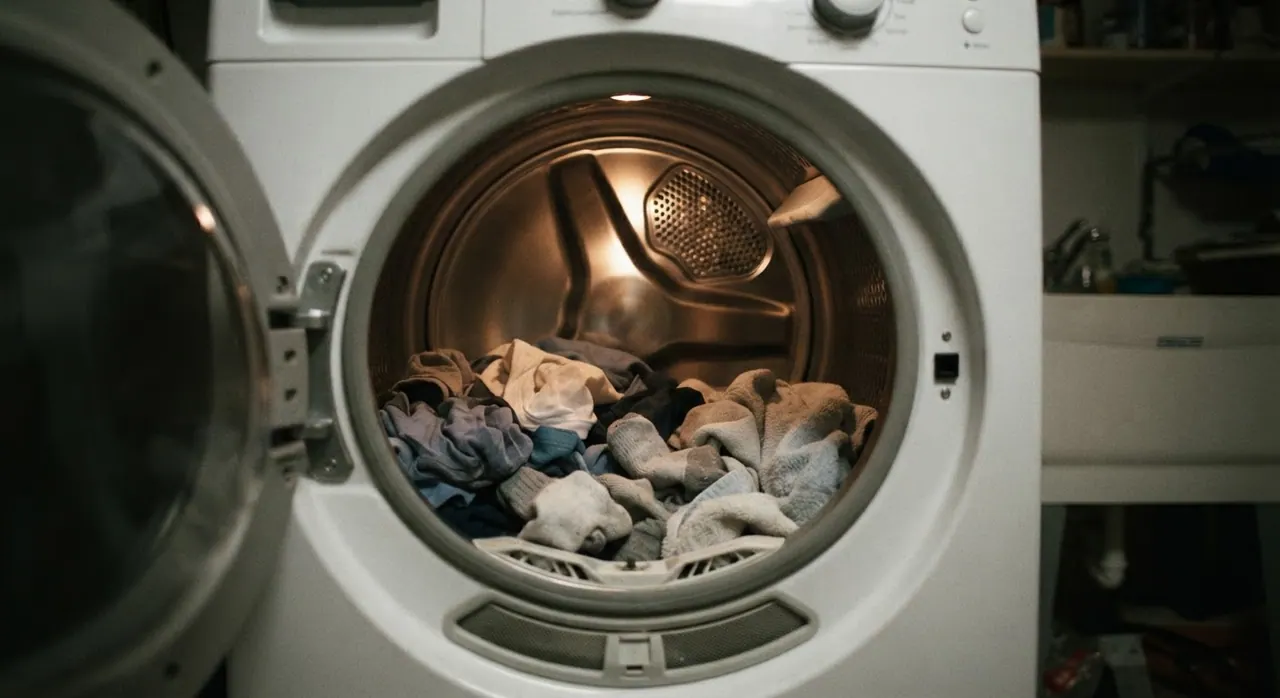 The interior of an electric tumble dryer, showing the drum where clothes are heated and tumbled to dry.