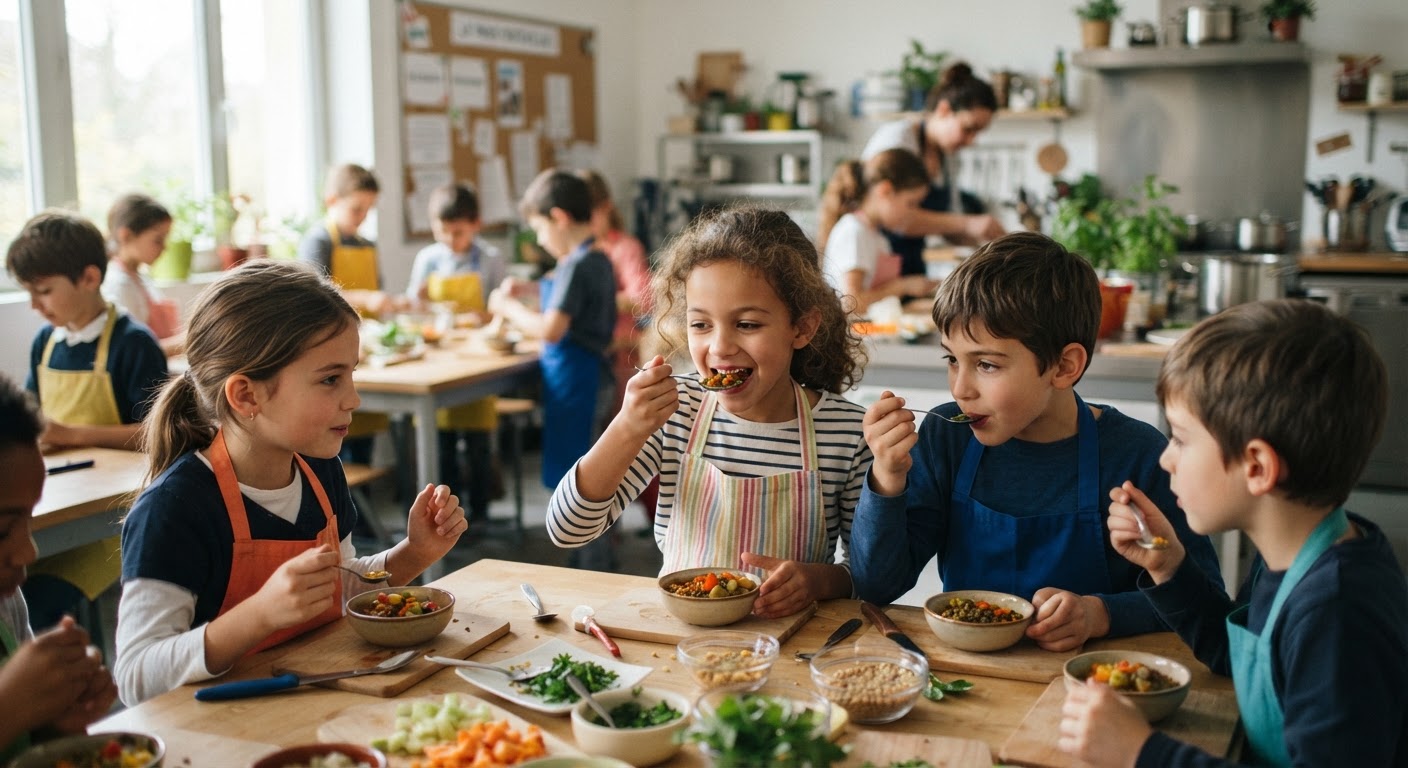 Des enfants participant à un atelier de dégustation, une excellente manière d'encourager l'acceptation de nouveaux plats.