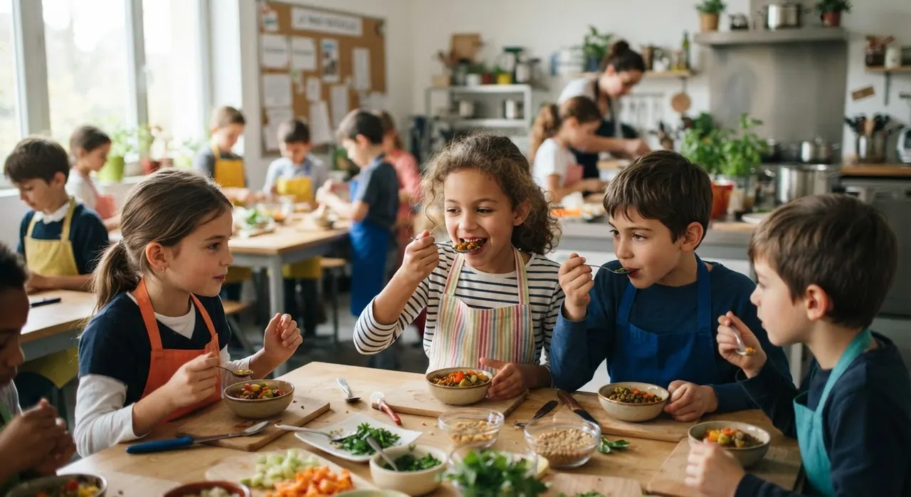 Des enfants participant à un atelier de dégustation, une excellente manière d'encourager l'acceptation de nouveaux plats.