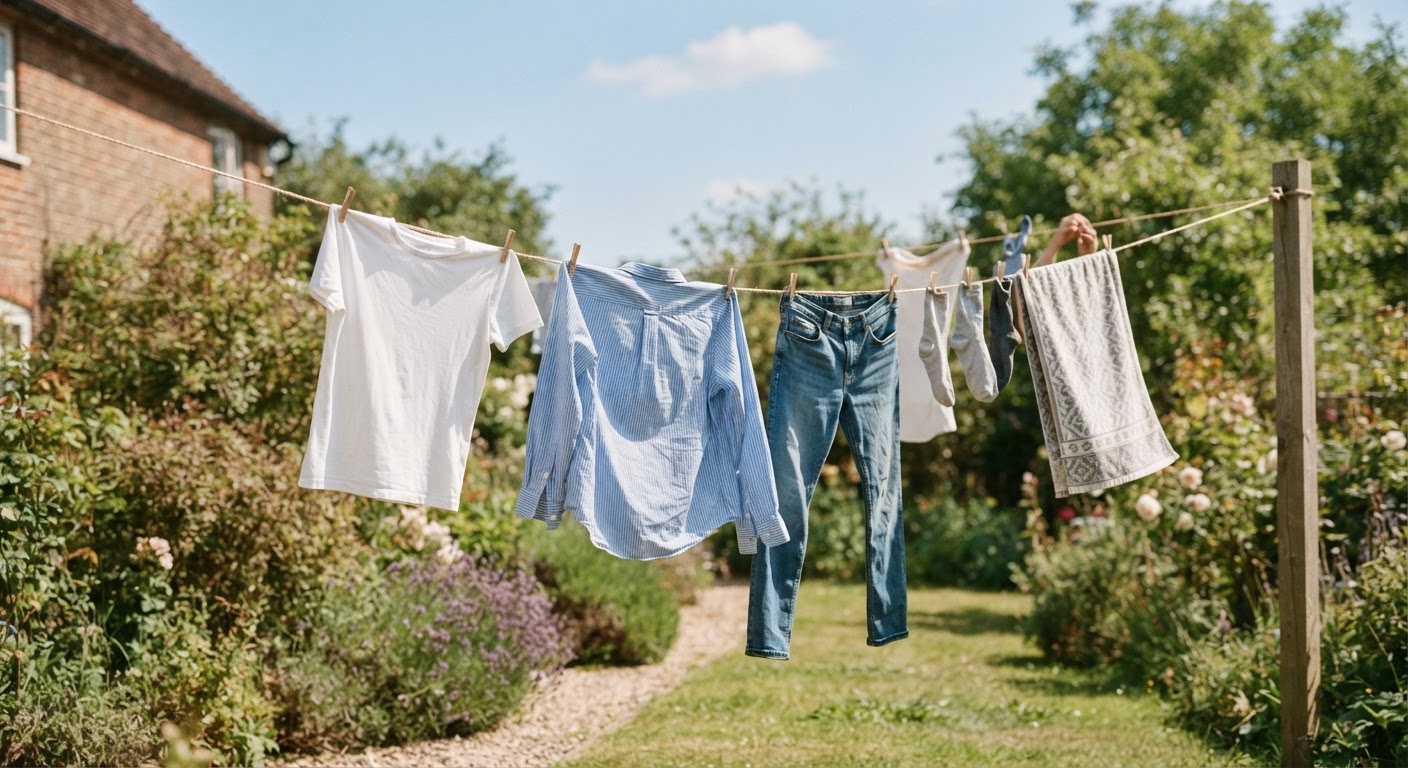 Laundry items drying on a washing line outdoors, bathed in natural sunlight.