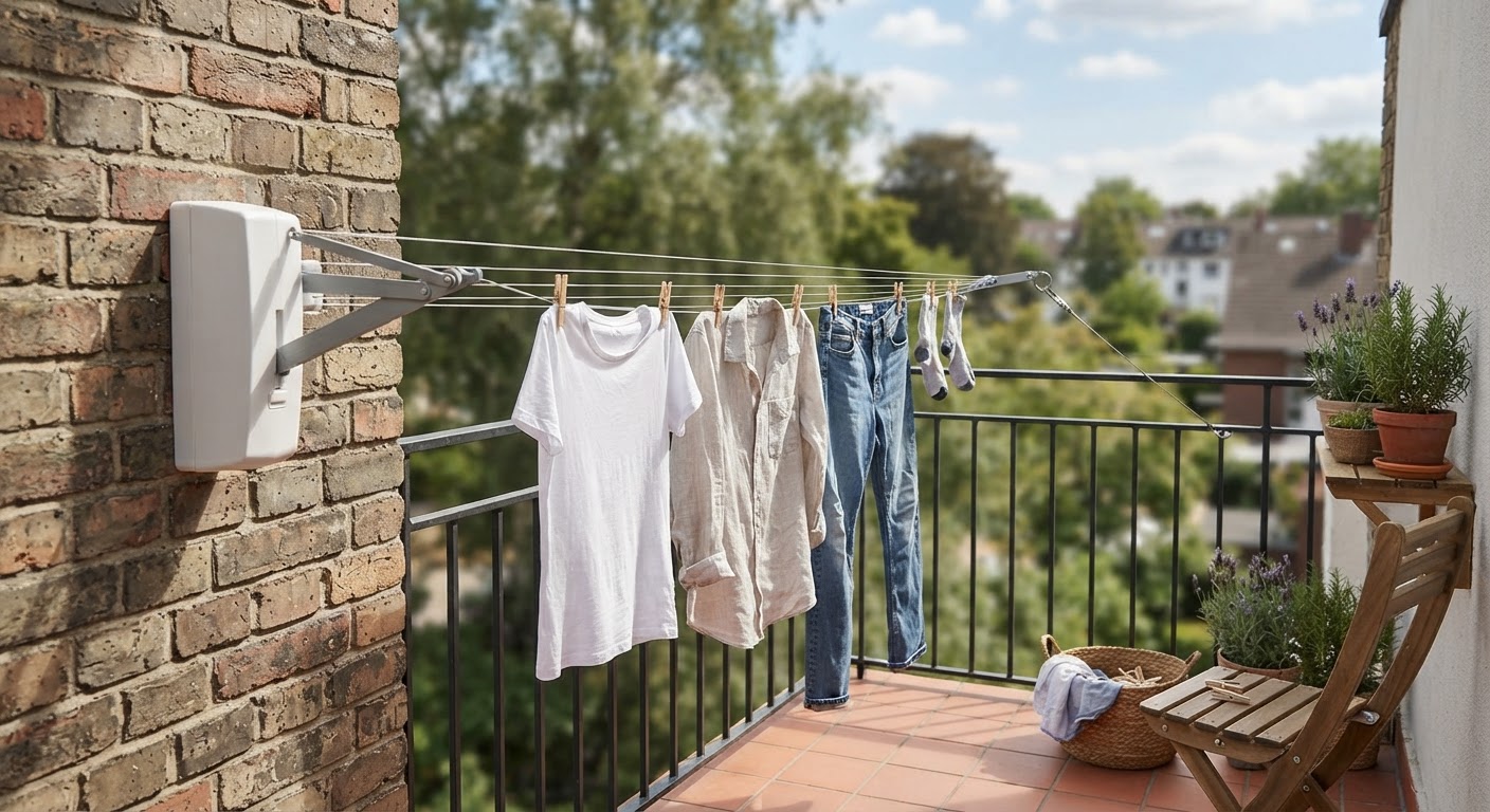 A retractable washing line installed on a balcony, demonstrating a space-saving solution for drying laundry.