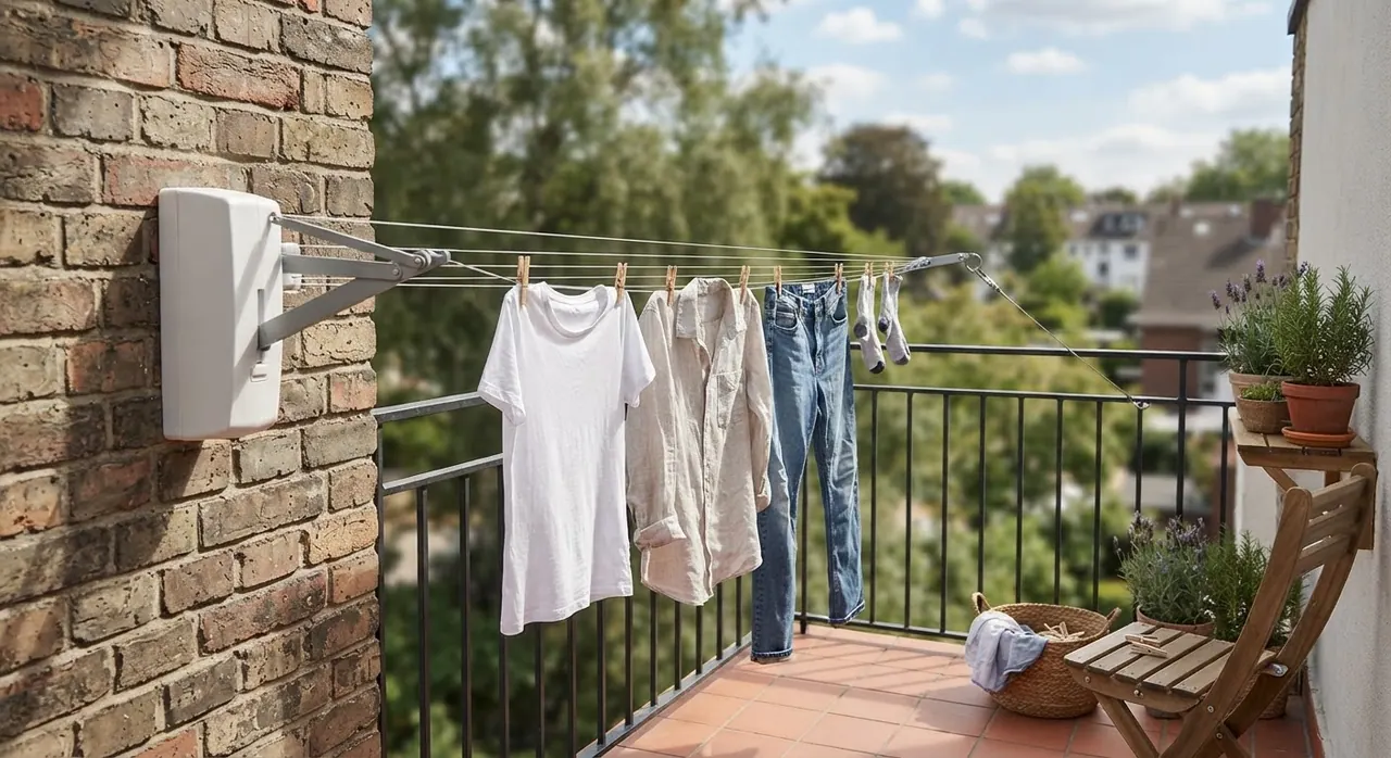 A retractable washing line installed on a balcony, demonstrating a space-saving solution for drying laundry.