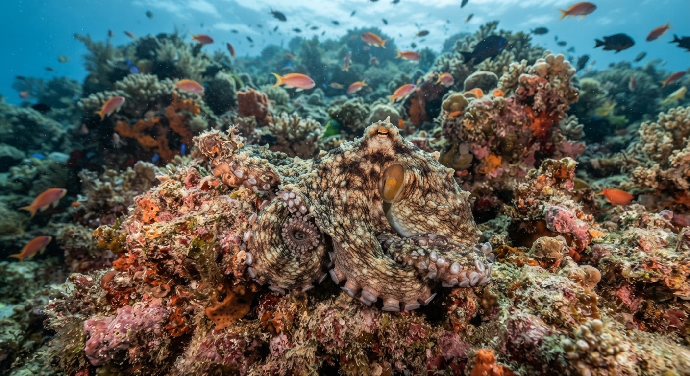 A common octopus (Octopus vulgaris) camouflaged against a coral reef.