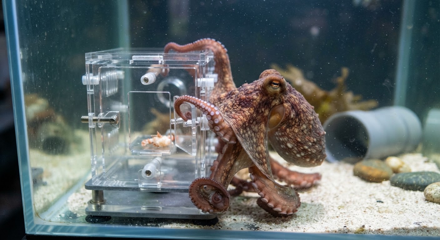 An octopus demonstrates its problem-solving skills by manipulating a puzzle box to access a food reward.