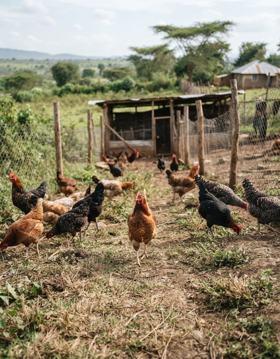 Kuku wakitembea kwenye shamba la kuku wa kienyeji katika eneo la mashambani nchini Kenya.