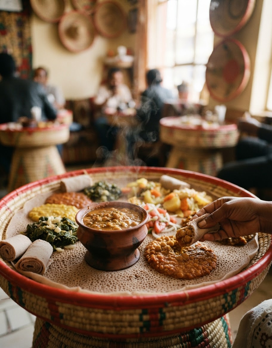 የተለያዩ የኢትዮጵያ ባህላዊ ምግቦች በሳህን ላይ ተደርድረው ይታያሉ፣ ከእነዚህም መካከል እንጀራ እና ሽሮ ይገኙበታል።
