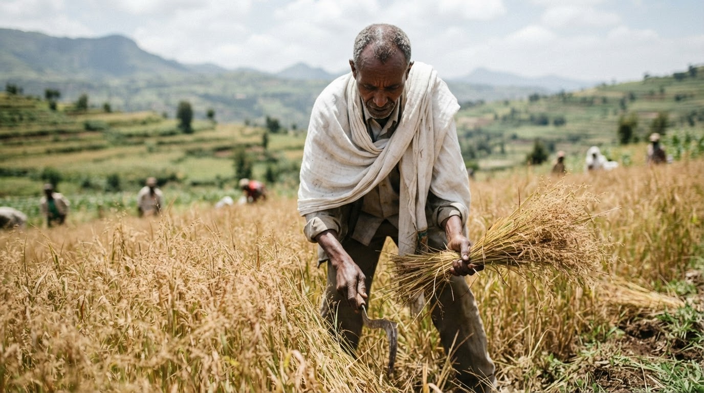 በኢትዮጵያ የሚገኝ ገበሬ ጤፍ ሲያጭድ የሚያሳይ ምስል። ጤፍ ለብዙ ኢትዮጵያውያን ዋና የምግብ ምንጭ ነው።