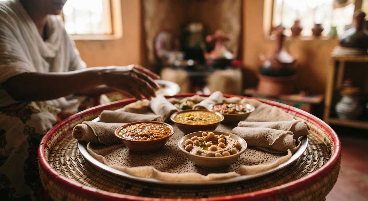 የተለያዩ የጥራጥሬ ምግቦች፣ እንደ ምስር እና ባቄላ፣ ከእንጀራ ጋር አብረው የሚቀርቡበትን ሁኔታ የሚያሳይ።