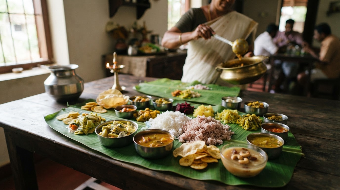 தென்னிந்திய சைவ உணவு வகைகள் நிறைந்த ஒரு வண்ணமயமான விருந்து