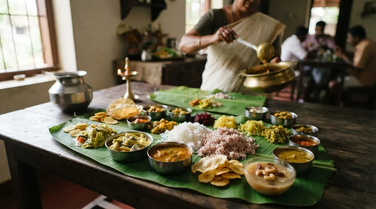தென்னிந்திய சைவ உணவு வகைகள் நிறைந்த ஒரு வண்ணமயமான விருந்து