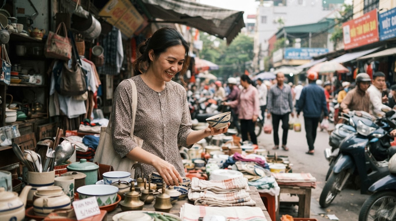 Một phụ nữ Việt Nam đang xem xét các món đồ tại một khu chợ trời.