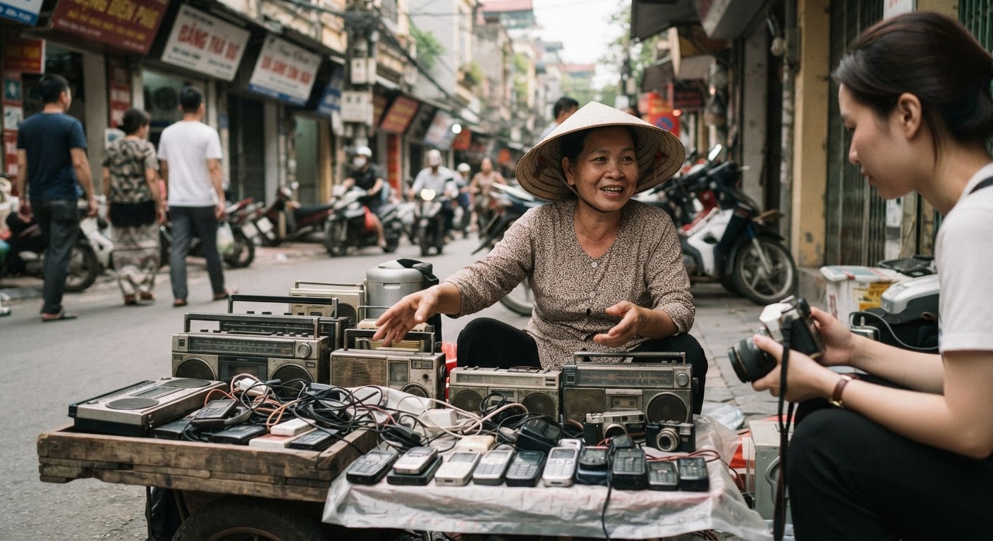 Người bán hàng rong tại Việt Nam giới thiệu các thiết bị điện tử cũ.
