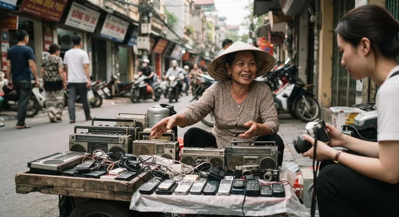 Người bán hàng rong tại Việt Nam giới thiệu các thiết bị điện tử cũ.
