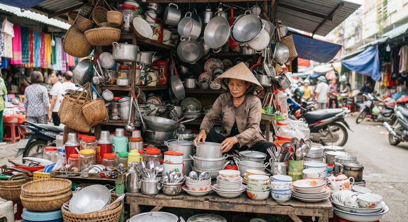 Một quầy hàng truyền thống tại chợ Việt Nam bán đủ loại đồ dùng sinh hoạt.