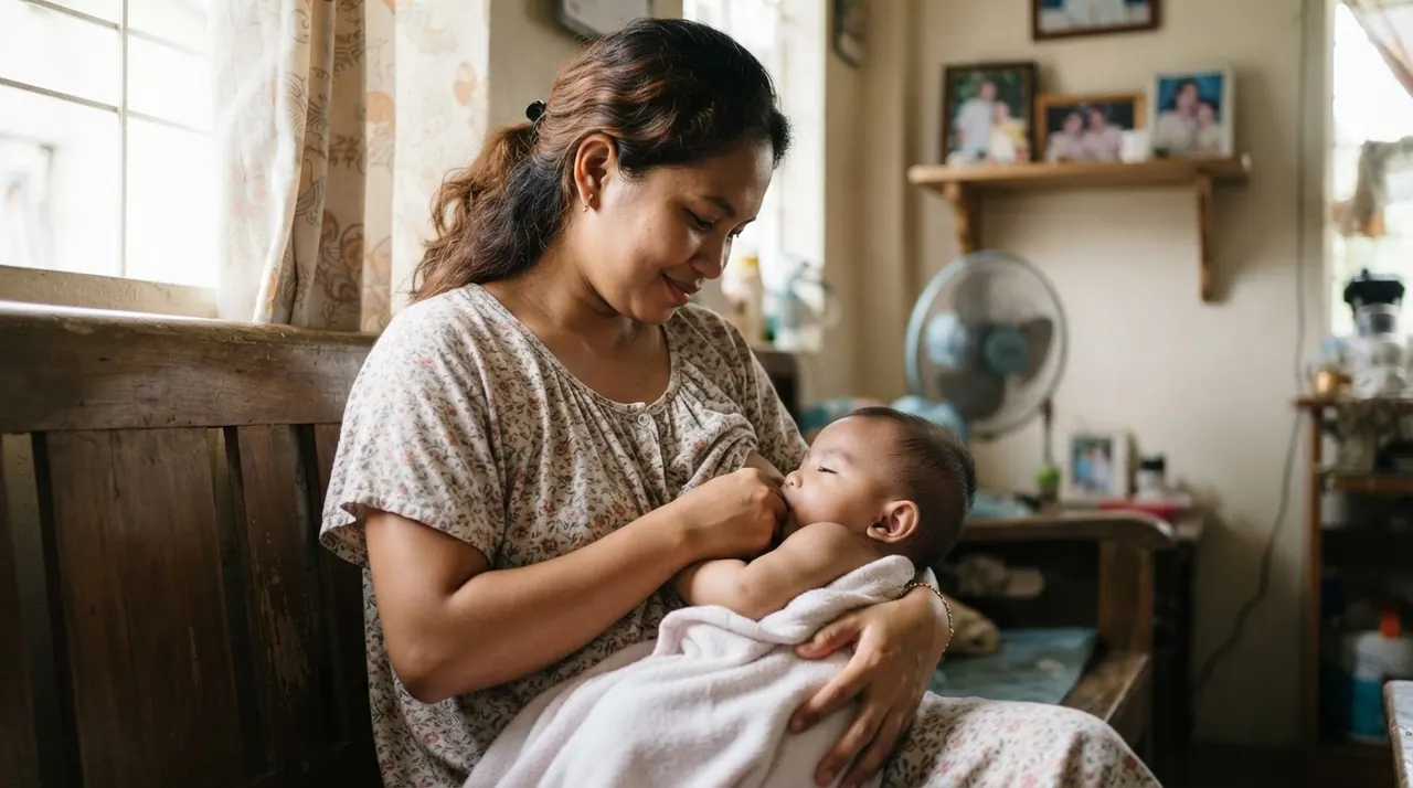 Isang ina na Pilipina na nagpapasuso sa kanyang sanggol sa loob ng bahay