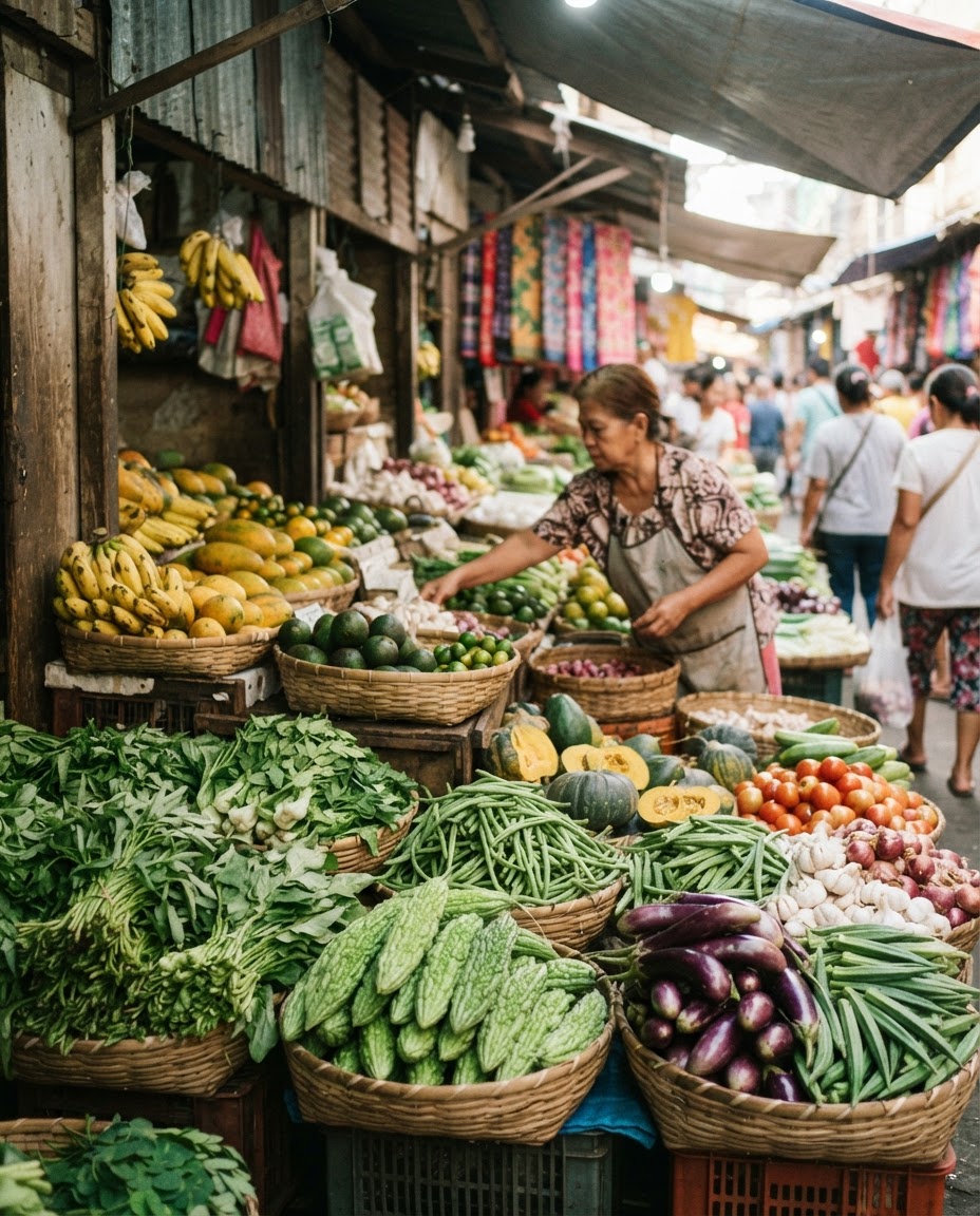 Sari-saring gulay at prutas sa isang lokal na pamilihan sa Pilipinas, mahahalagang bahagi ng masustansyang plant-based diet.