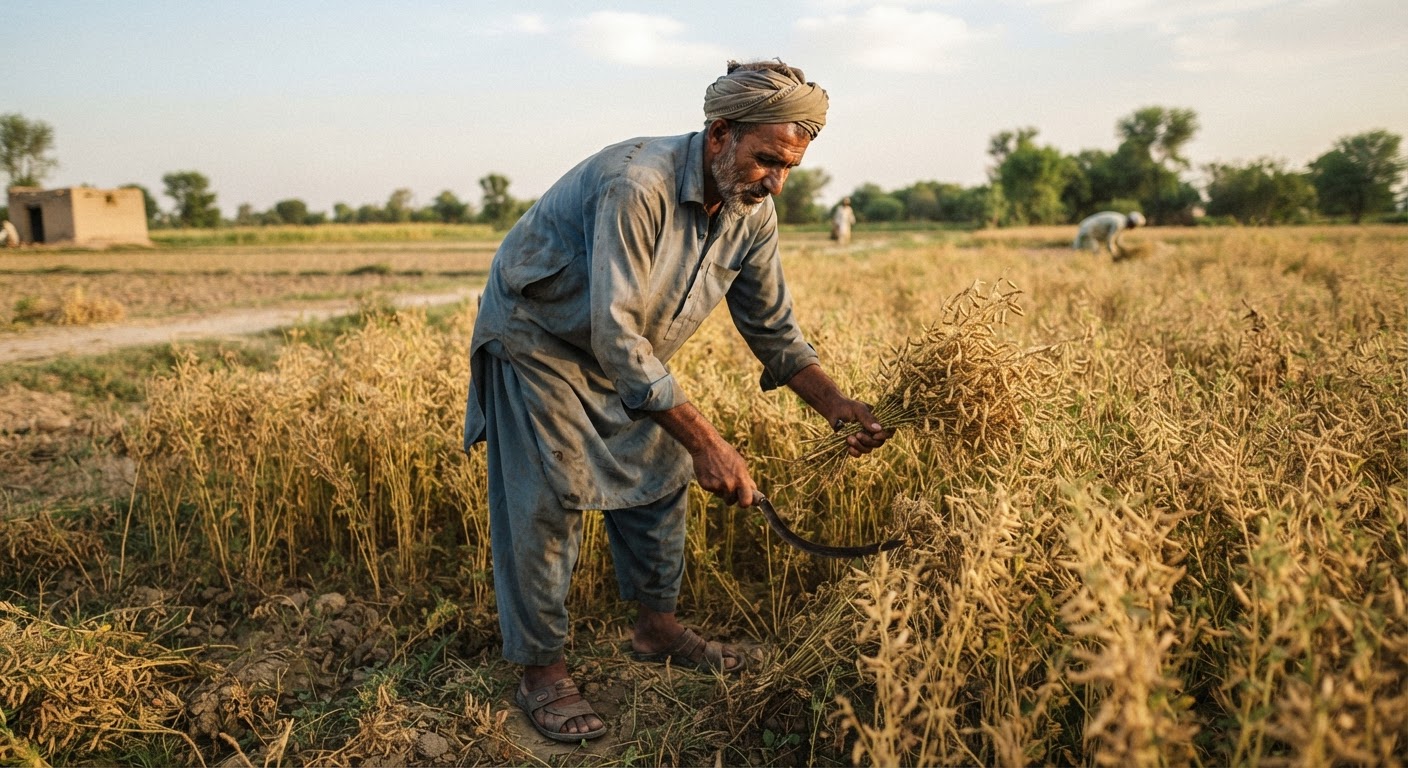 پاکستان میں ایک کسان دالیں کاٹ رہا ہے، جو خطے کی زرعی ثقافت کا اہم حصہ ہیں۔