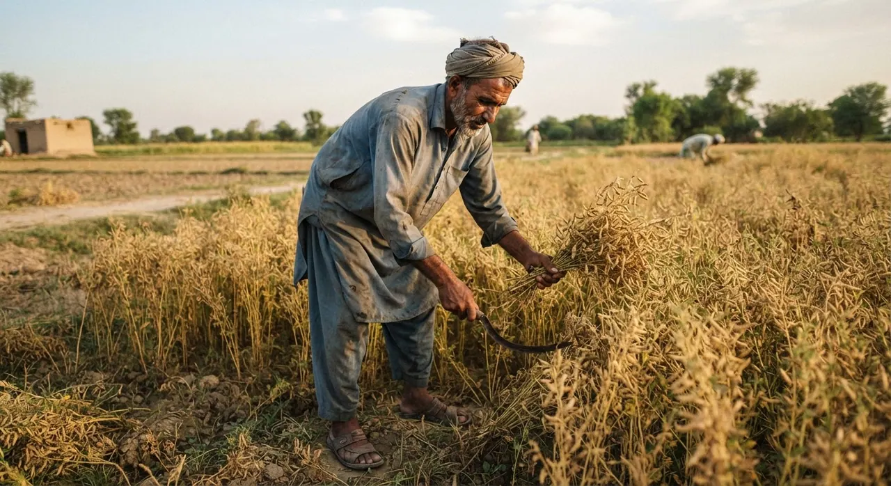 پاکستان میں ایک کسان دالیں کاٹ رہا ہے، جو خطے کی زرعی ثقافت کا اہم حصہ ہیں۔