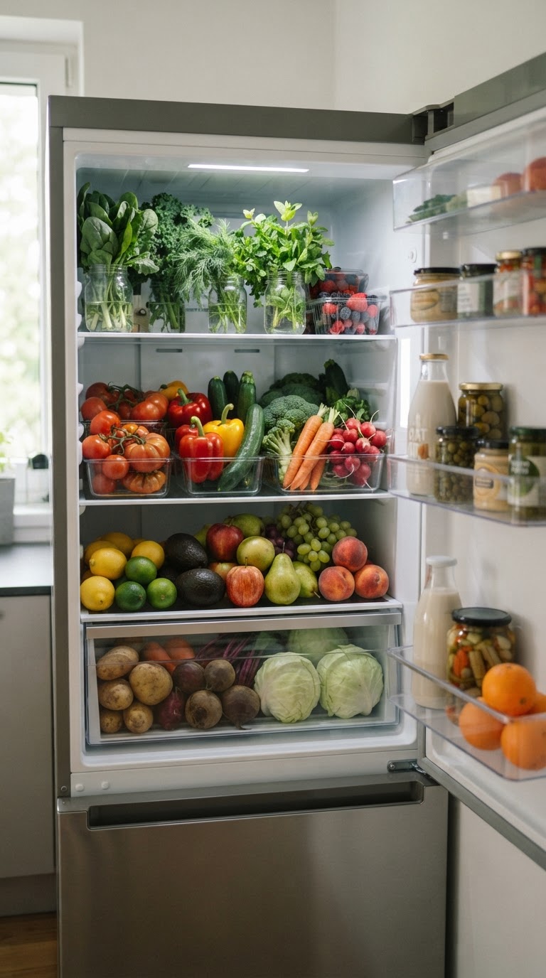 Perime dhe fruta të freskëta të rregulluara në frigorifer