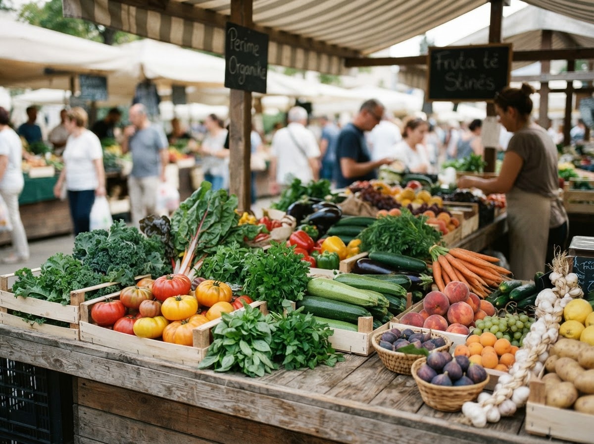 Perime dhe fruta organike të freskëta në një ekspozitë tregu, duke treguar shumëllojshmërinë e produkteve të stinës.