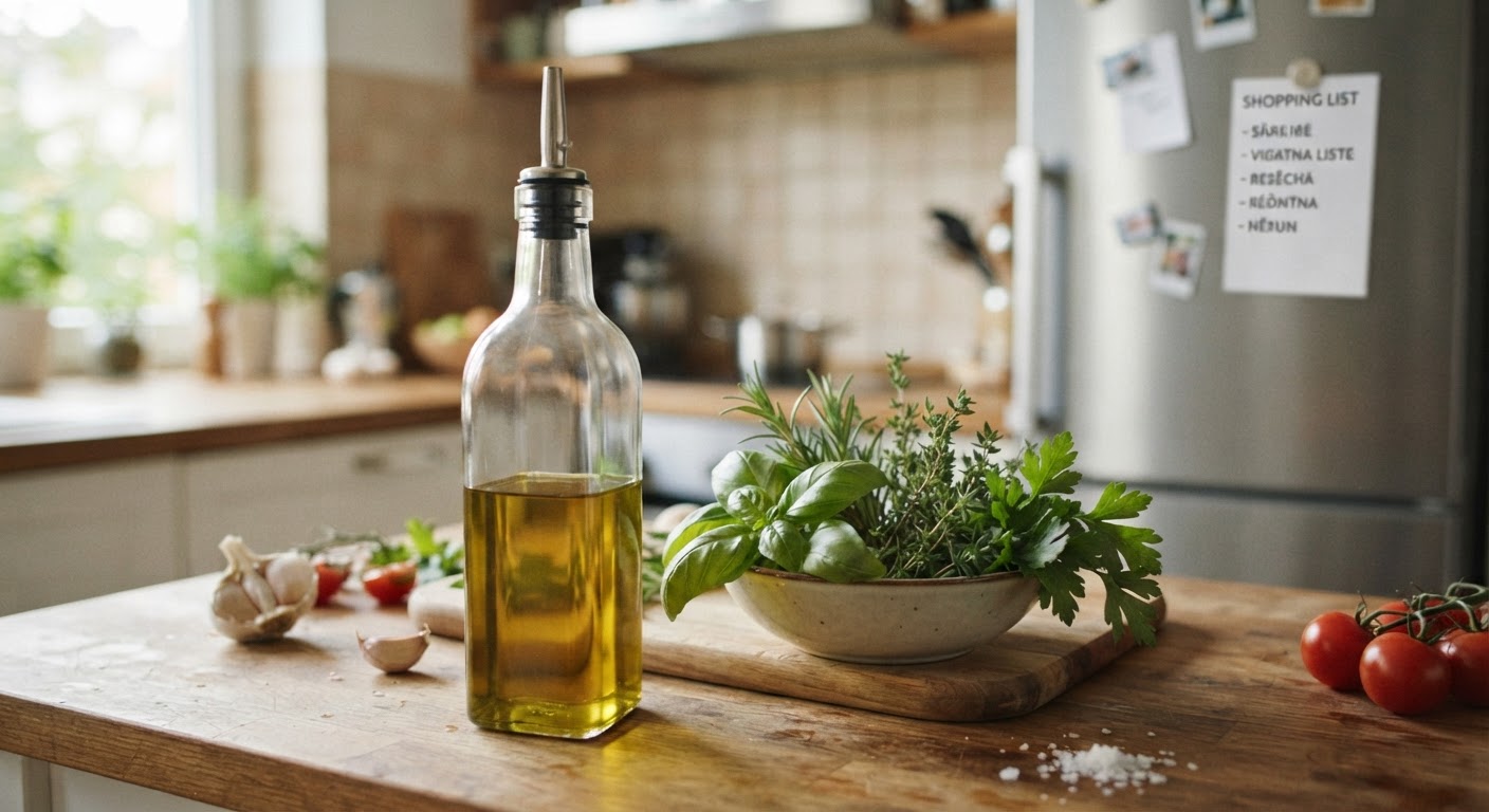 Vaj ulliri dhe një përzierje barishtesh të freskëta, elementë kyç për gatimin vegan mesdhetar.