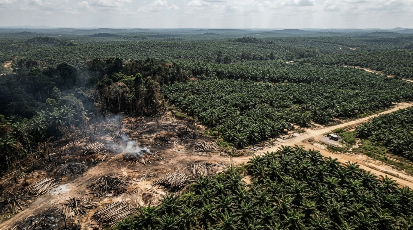 Vast oil palm plantation stretching towards the horizon, with evidence of recent clearing.