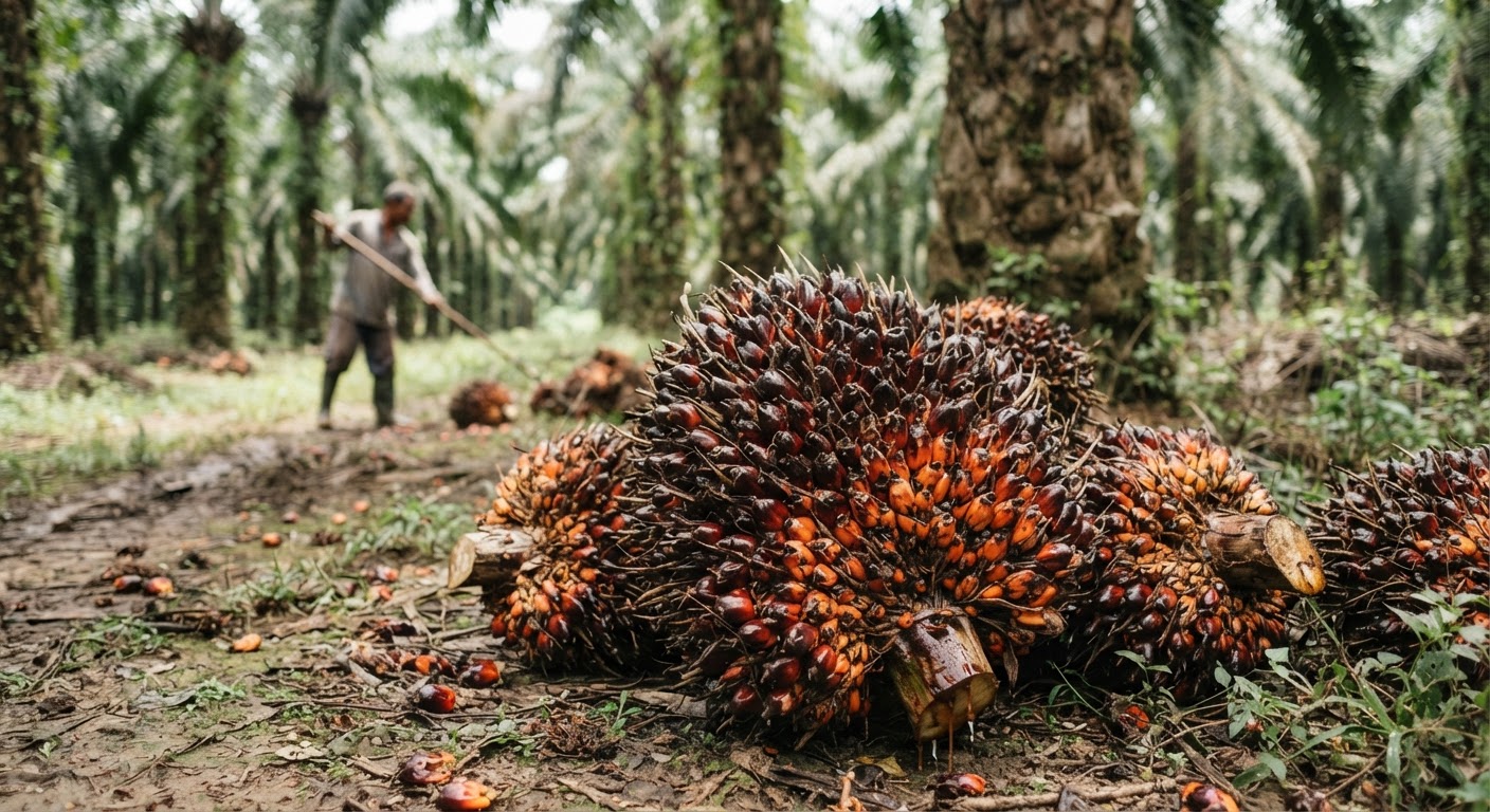 Freshly harvested oil palm fruit bunches, the source of palm oil.