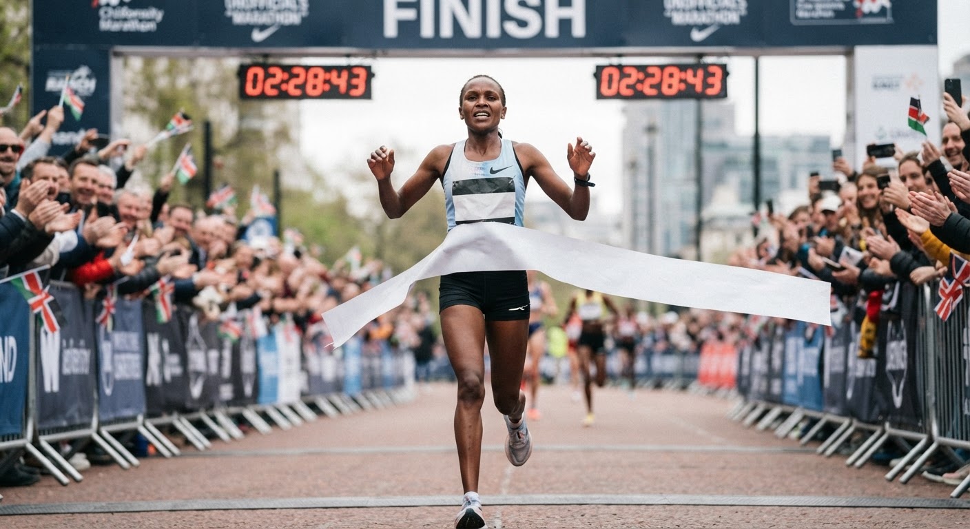 Mwanamke Mkenya akikimbia kwenye mstari wa kumalizia mbio za marathon.