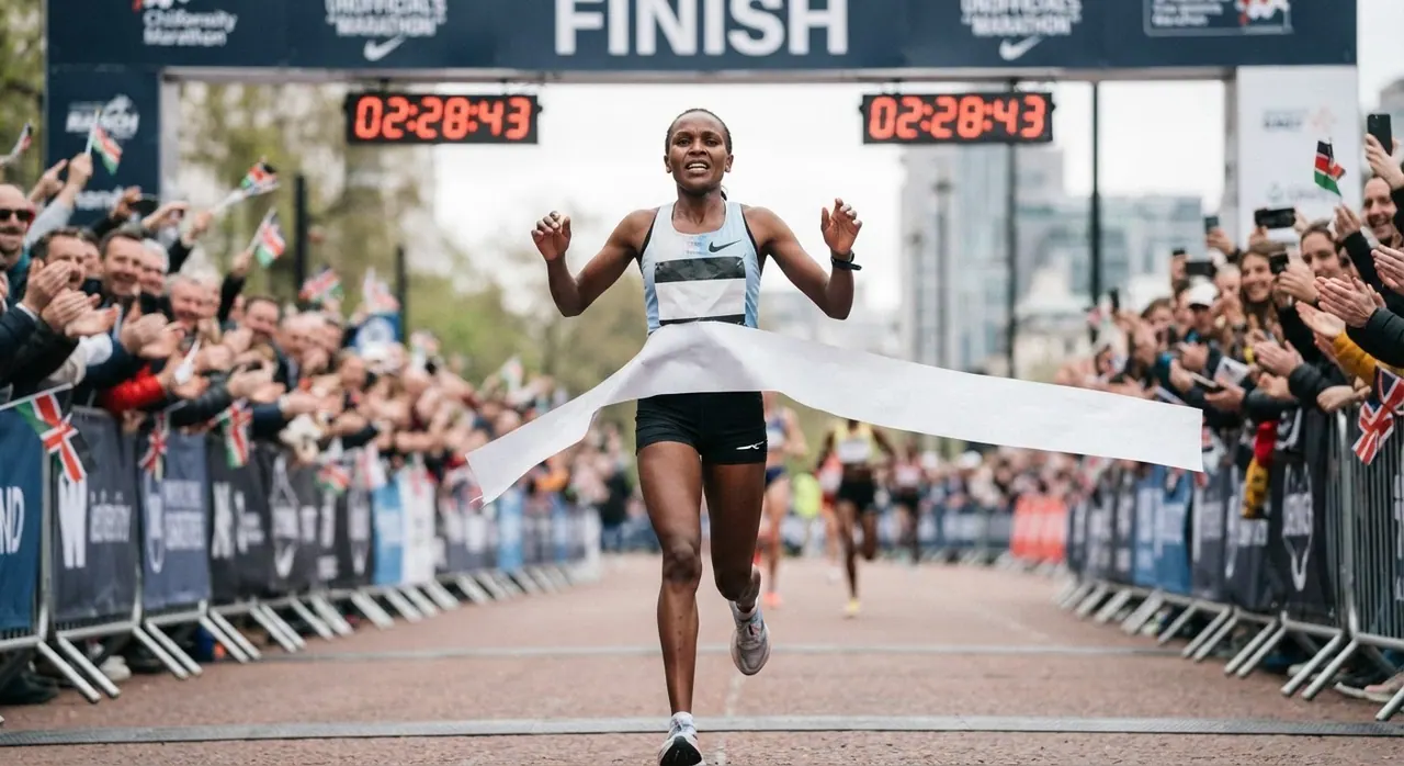 Mwanamke Mkenya akikimbia kwenye mstari wa kumalizia mbio za marathon.