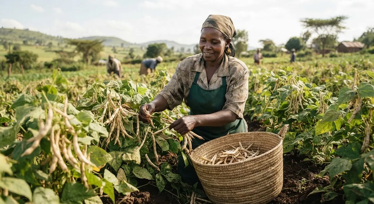Mkulima wa Kenya akivuna maharagwe, moja ya chanzo kikuu cha protini katika lishe ya mimea.