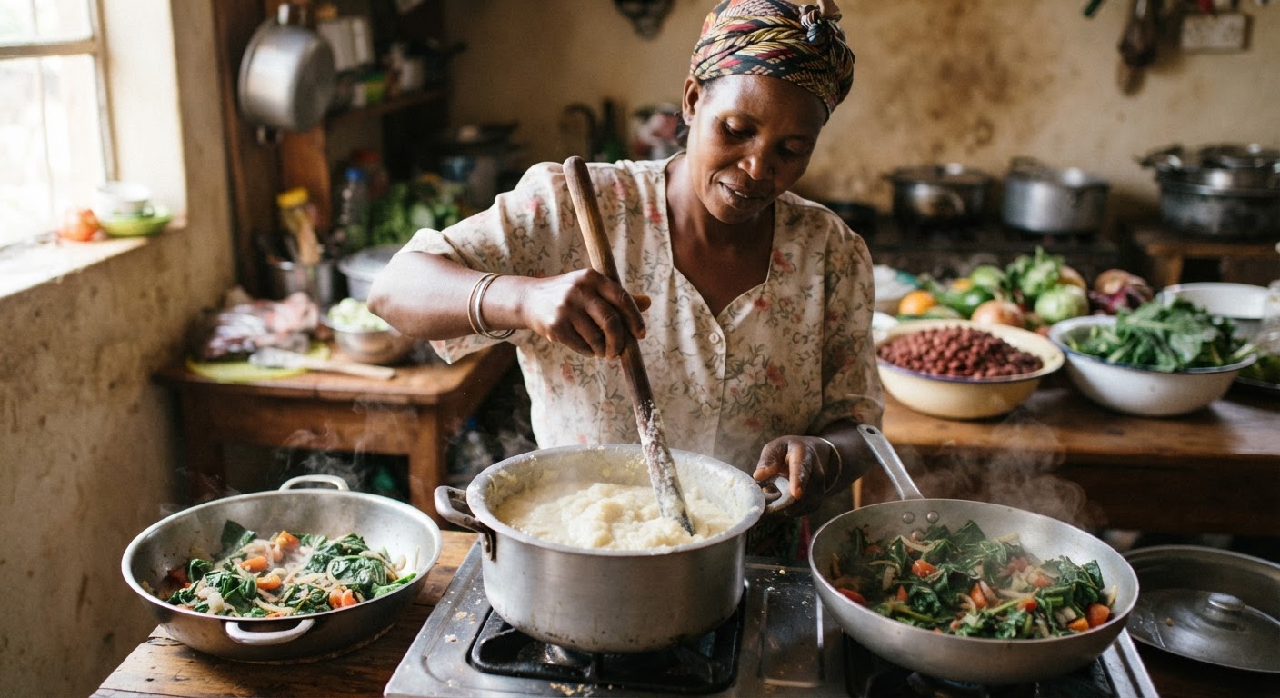 Mwanamke wa Kenya akitayarisha ugali na sukuma wiki, mlo wa kienyeji unaoweza kuboreshwa na kuongezwa kwa maharage au kunde.