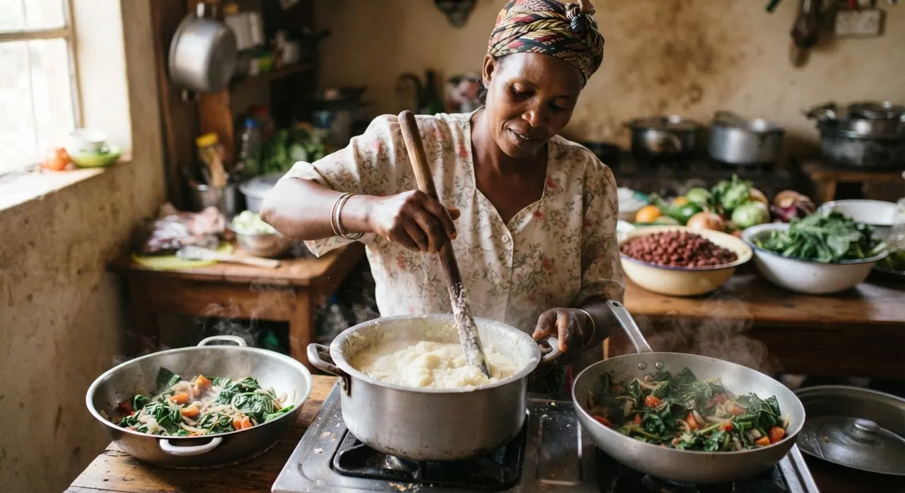 Mwanamke wa Kenya akitayarisha ugali na sukuma wiki, mlo wa kienyeji unaoweza kuboreshwa na kuongezwa kwa maharage au kunde.