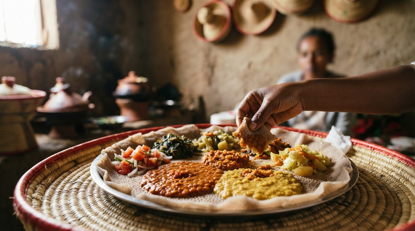የተለያዩ የኢትዮጵያ ምግቦች፣ በተለይም ዳቦ እና ምስር ወጥ የሚያሳይ ፎቶ።