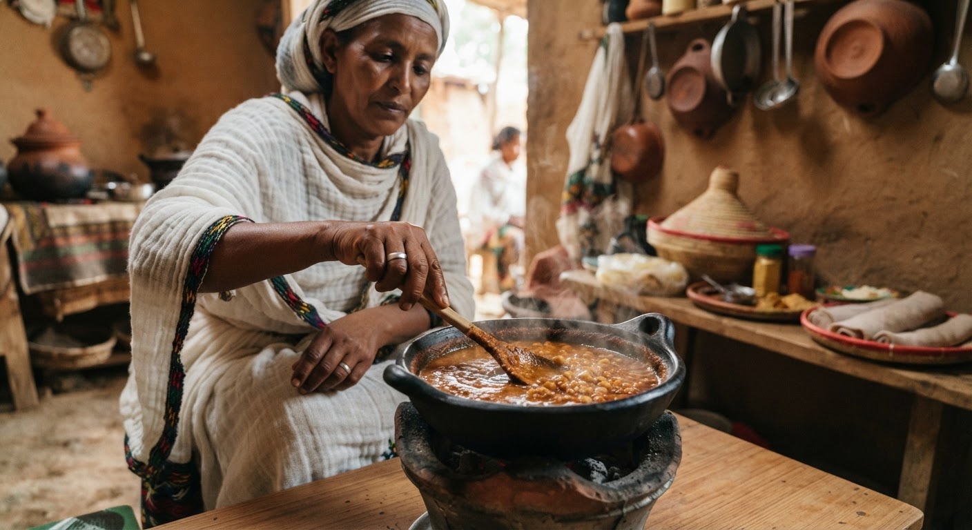 የባህላዊ የኢትዮጵያ ሽሮ ወጥ አሰራር ሂደት።